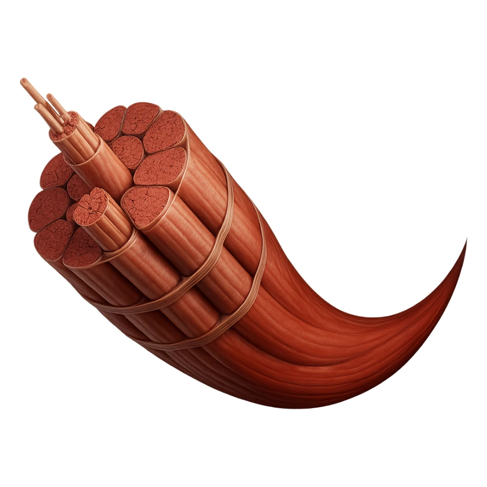 Create a 3D hyperrealistic elongated human muscle anatomy similar to the reference image, with no background. The style should be photorealistic and detailed, focusing on anatomical accuracy and texture. sticker