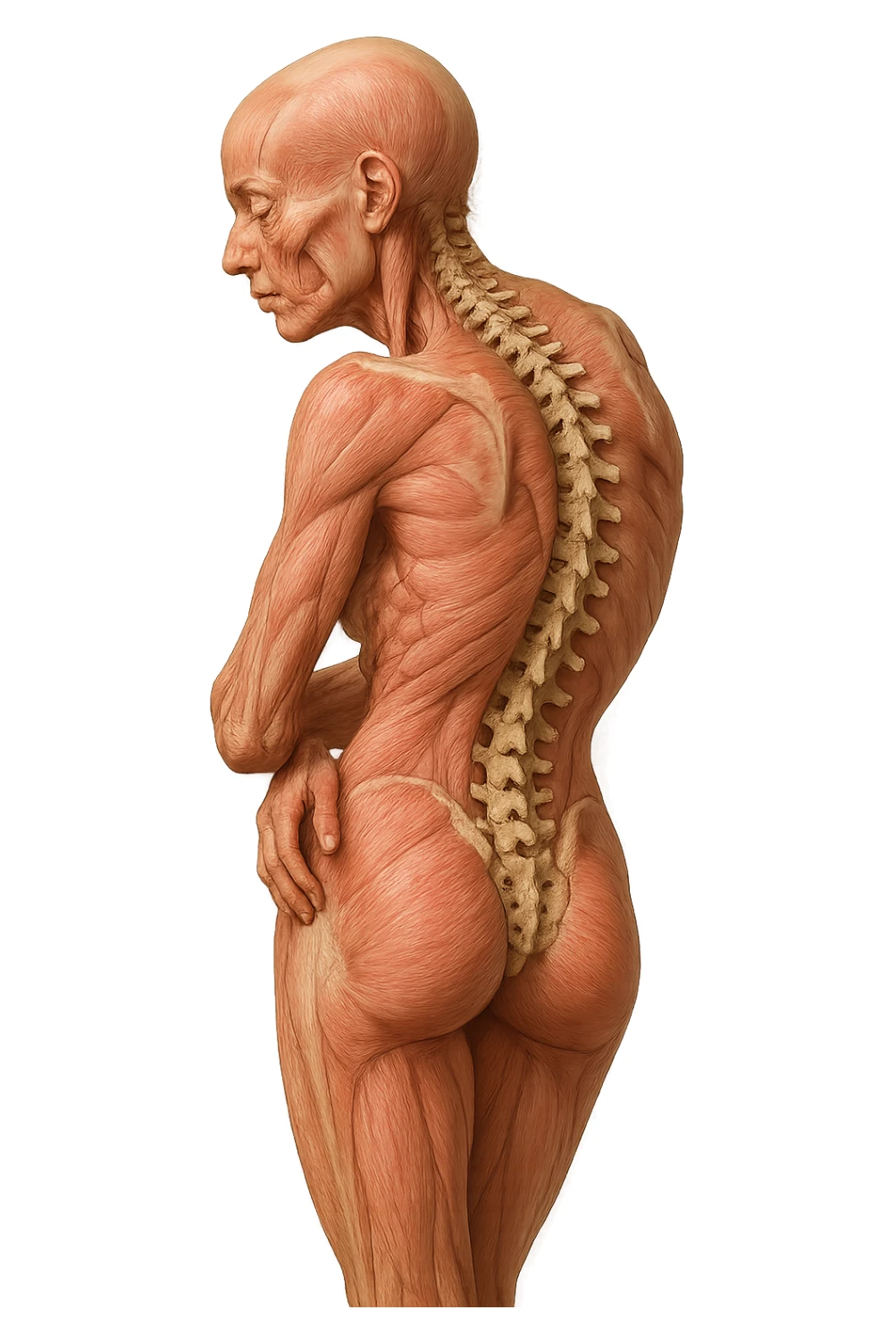donna anatomica di profilo con spalle chiuse in avanti e postura storta, spina dorsale anatomica visibile, iperrealistico 4k sticker