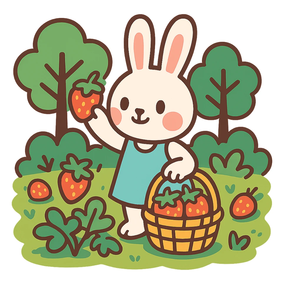 bunny picking strawberries in the woods, sweet pastel red, vibrant-toon style sticker
