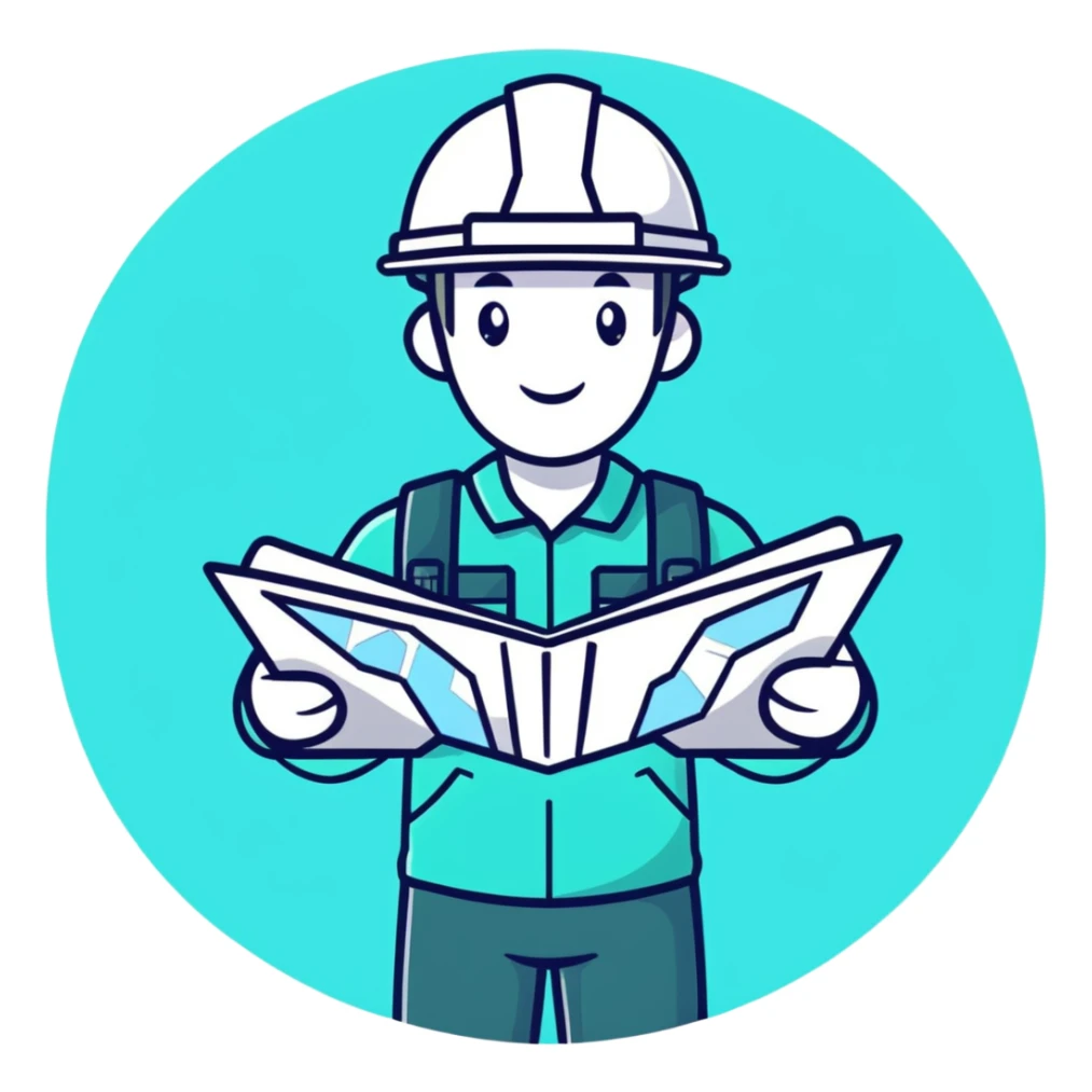 Male engineer or geologist with map or tablet, minimalist design with soft gradients in sky blue, teal green, white, and light gray sticker