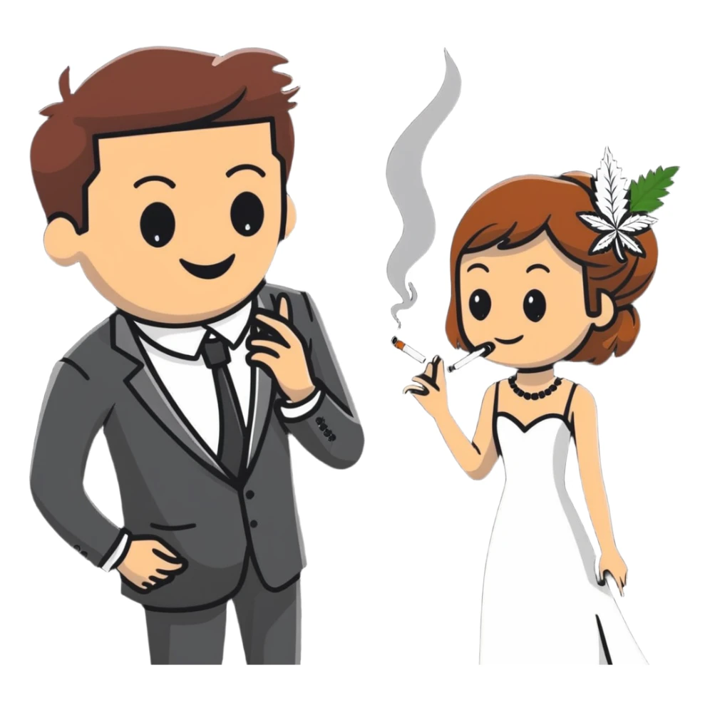 Person in fancy clothes sneaking into a wedding ceremony with a mischievous grin, uninvited guest, smoking cannabis sticker