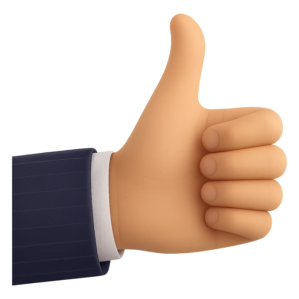 Change the shirt sleeve to navy with a line pattern matching the reference suit style. Keep the hand giving a thumbs up, 60% realistic, with a natural light tan skin tone. Maintain a transparent background. sticker