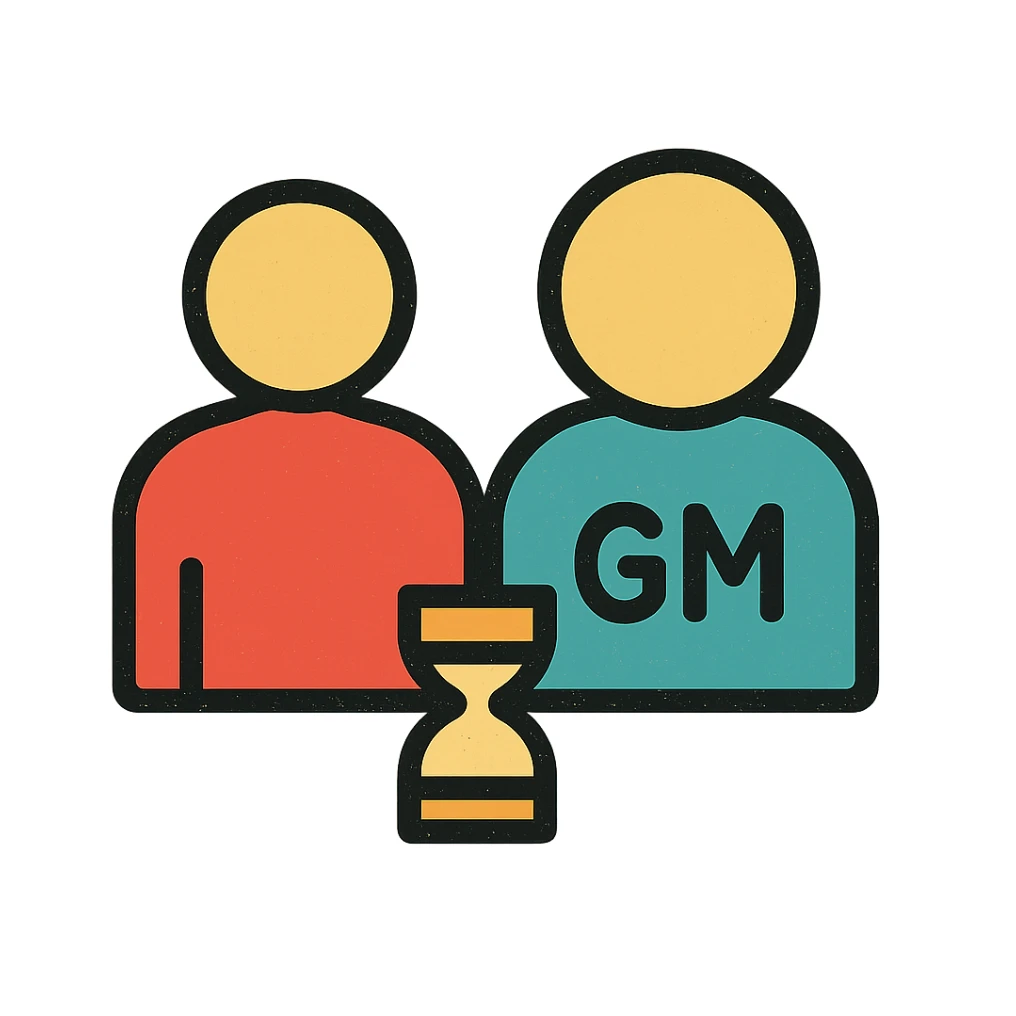 ultra-minimalist icon of two simple figures side by side representing player and GM, with a small clock or hourglass, worn and distressed style sticker