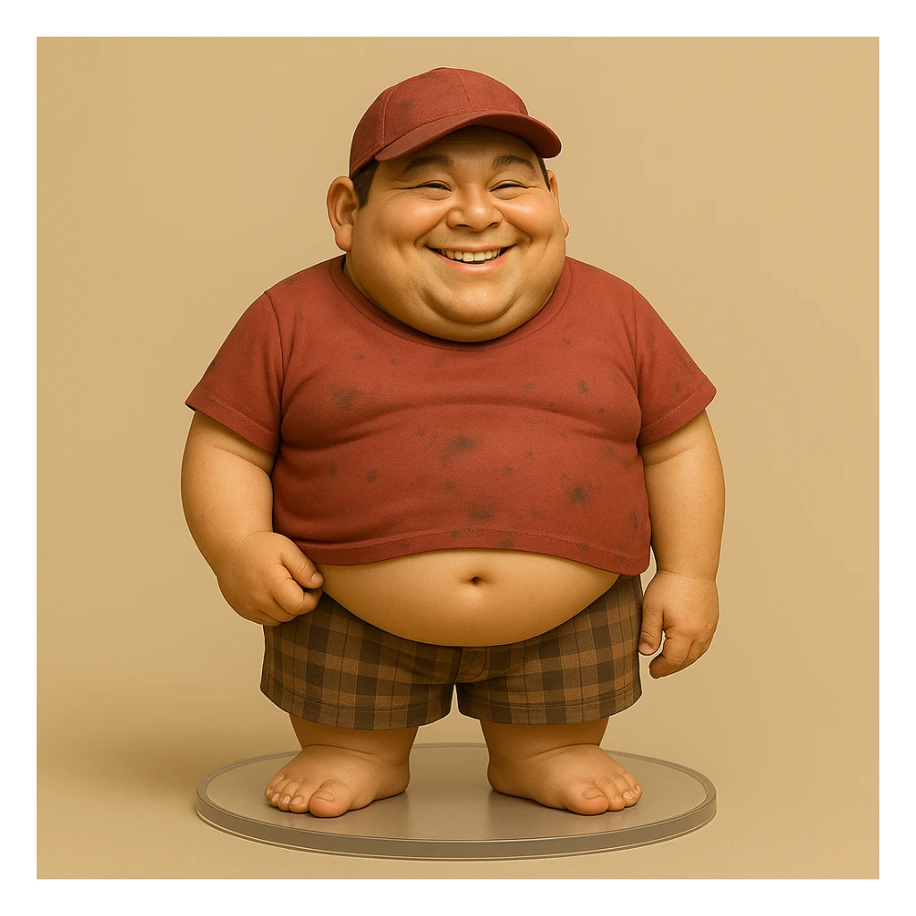 Сгенерируй в таком же стиле, на такой же подставке, толстяка в красной футболке немного грязной, кепке, клетчатых шортах. Из под футболки виднеется пузо sticker