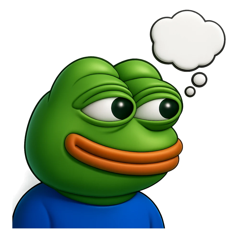 make a pepe in bright green smiling with thought bubble looking at right side in 3d style, good highlights and shadows, drop shadows sticker