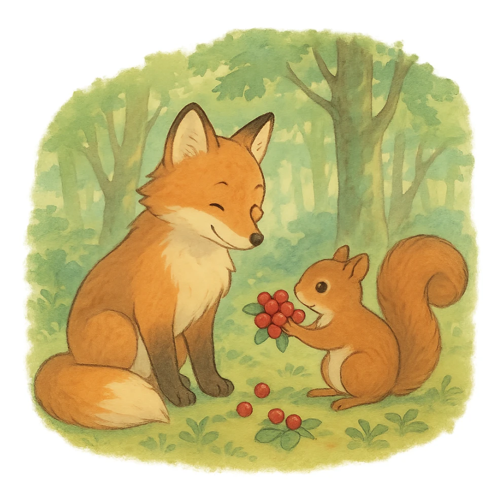 fox and squirrel sharing berries, forest friendship scene, soft pastel colors, ghibli style sticker