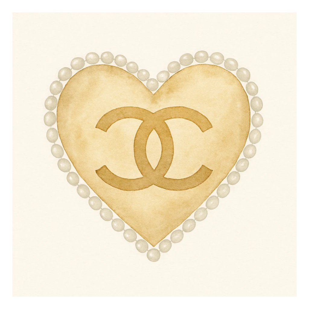Chanel heart with interlocking C's, metallic gold, pearl border, elegant, watercolor art style sticker