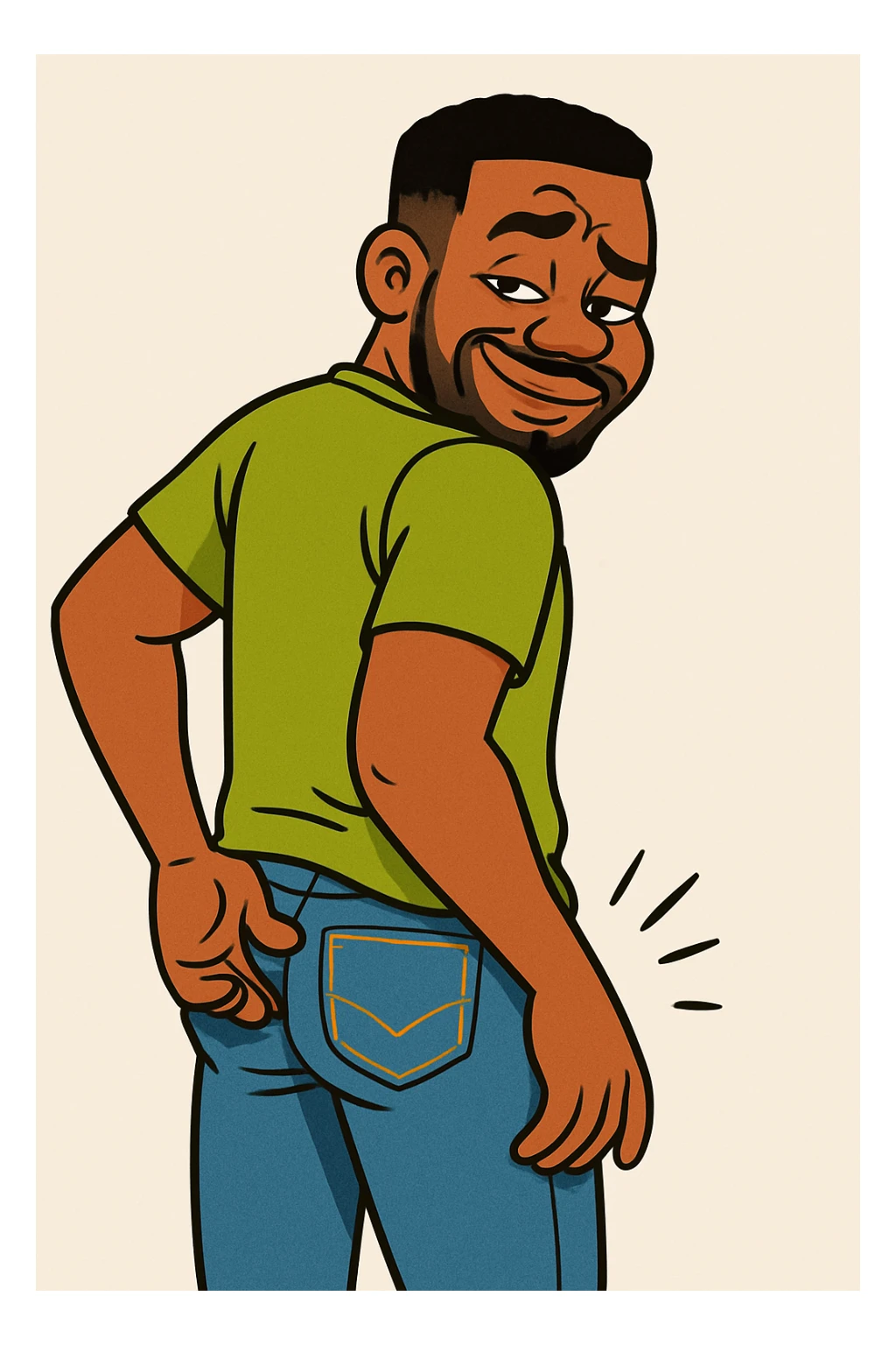 Make the character more cartoonish with exaggerated features, keeping the pose of scratching his backside. Use bright colors and a playful style, maintaining a lighthearted and non-explicit tone. sticker