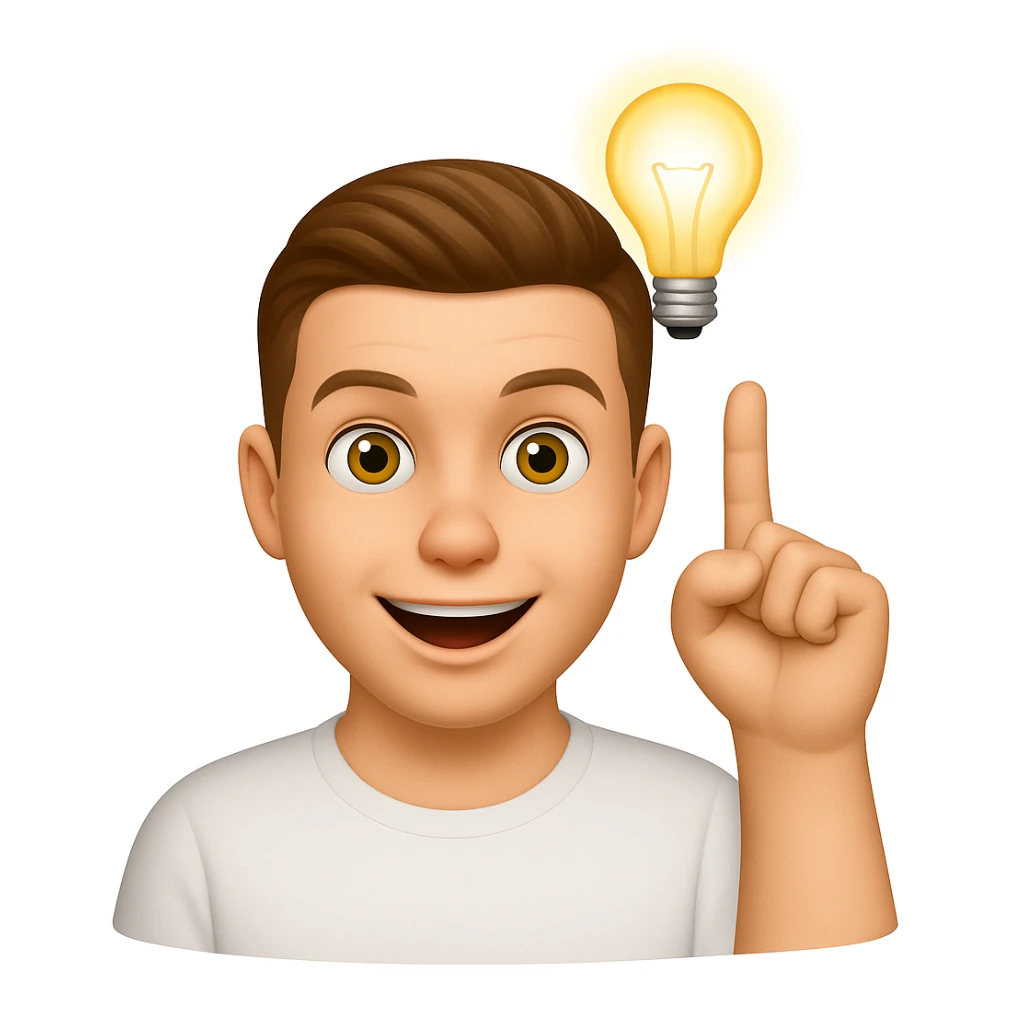 Based on these photos, make an emoji with facial features preserved, man in white t-shirt, got an idea, light bulb over head sticker