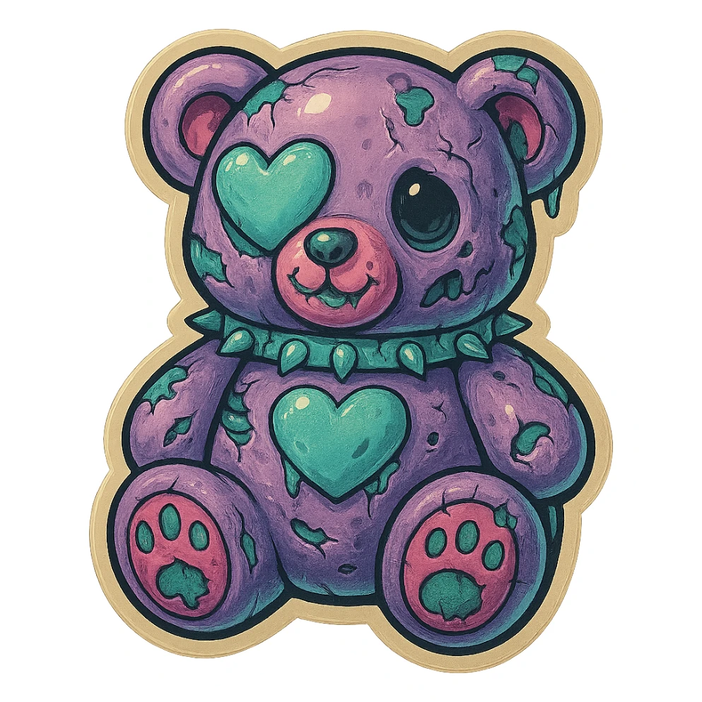 Turn this image into a zombie bear with pastel goth colors, wearing a heart-shaped eye patch, in retro stickers style, with no background. sticker
