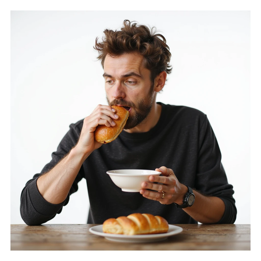 hyperrealistic 4K man isolated on white background having breakfast, eating a brioche, natural pose, realistic details, variant 1 sticker