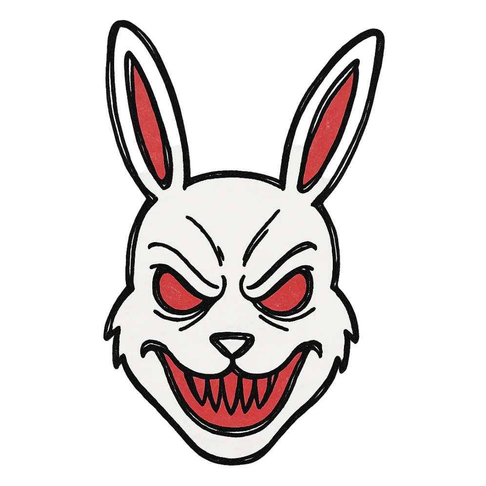 hand-drawn outline style evil white rabbit mask with red accents sticker