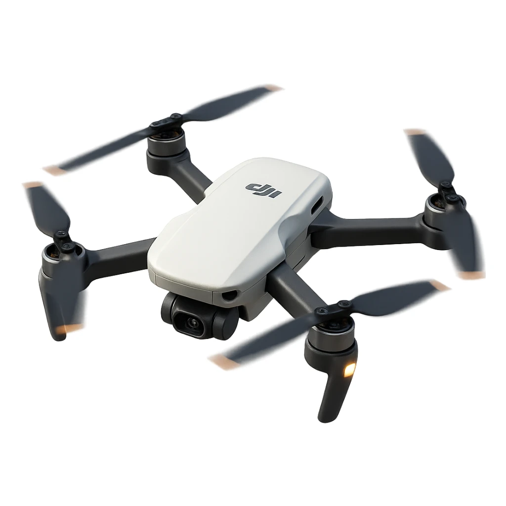 Redesign the cricket ball to be white and transform it to look like a realistic DJI drone with DJI-style propellors and body, depicted flying. Remove the background completely, isolating the drone design. sticker