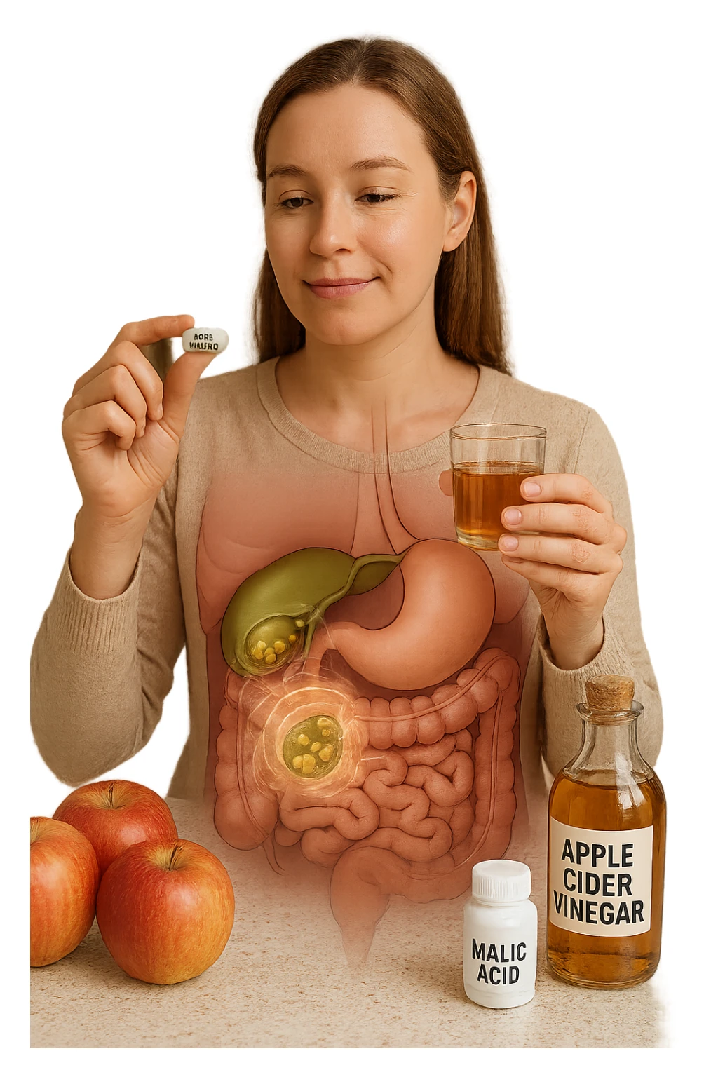 A detailed, realistic illustration or photo-style image showing a person holding a small glass of apple cider vinegar in one hand and a capsule labeled ‘Acido Malico’ in the other. In the foreground or as an overlay, a semi-transparent anatomical view of the abdomen highlights the gallbladder with visible small gallstones inside. Around the gallstones, gentle glowing waves or soft dissolving effects symbolize the softening or breakdown of the stones due to the natural acids. The person looks hopeful and calm, in a bright kitchen setting with fresh apples and natural health products on the counter. The overall mood is informative, natural, and hopeful about non-invasive, natural support for gallstone health sticker