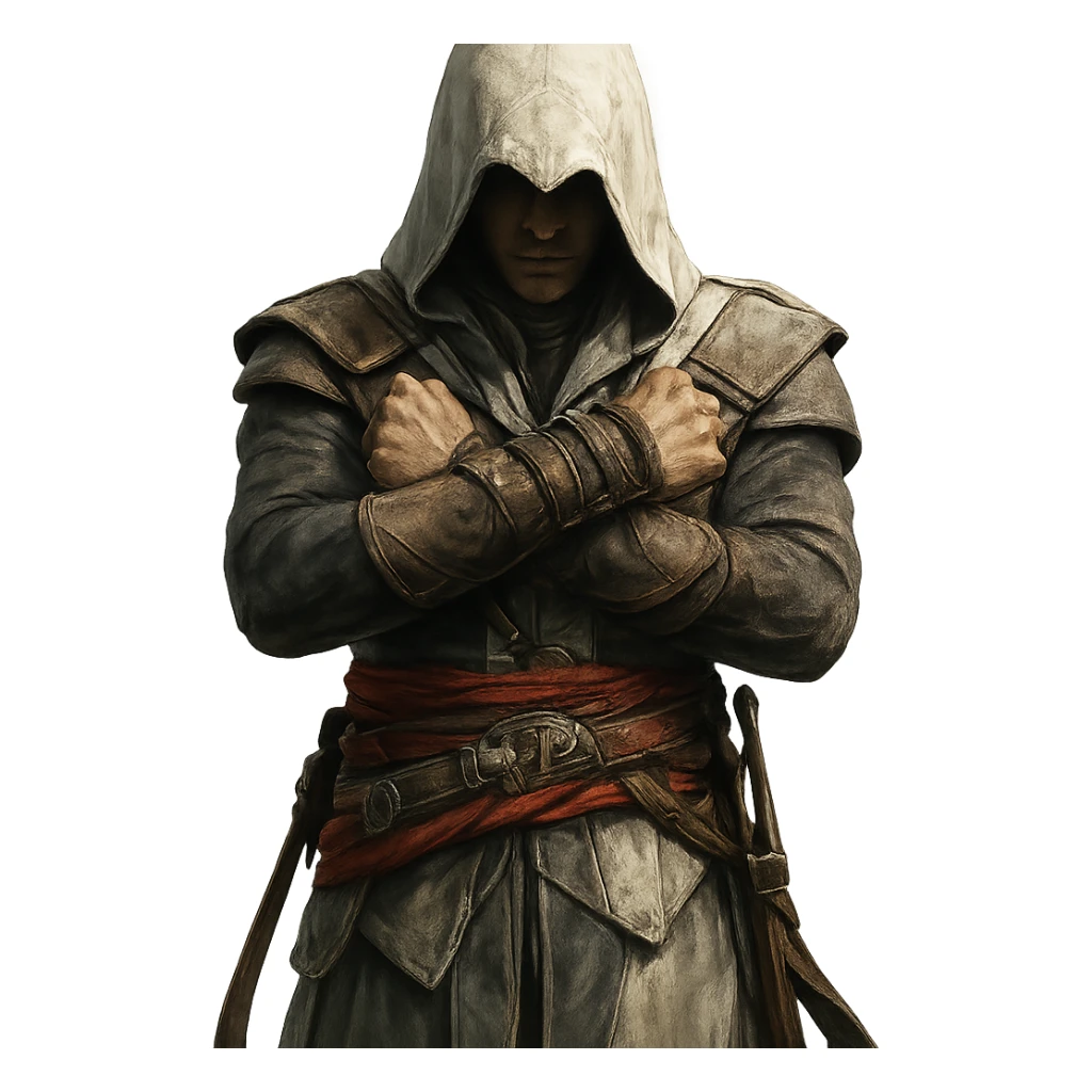 person doing the Assassin's Creed pose, arms crossed in front, hooded, dramatic stance sticker