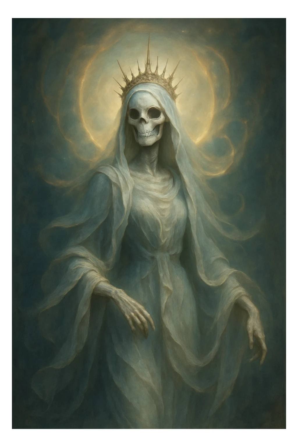 goddess skeleton, elegant, ethereal, fantasy, flowing robes, glowing aura sticker