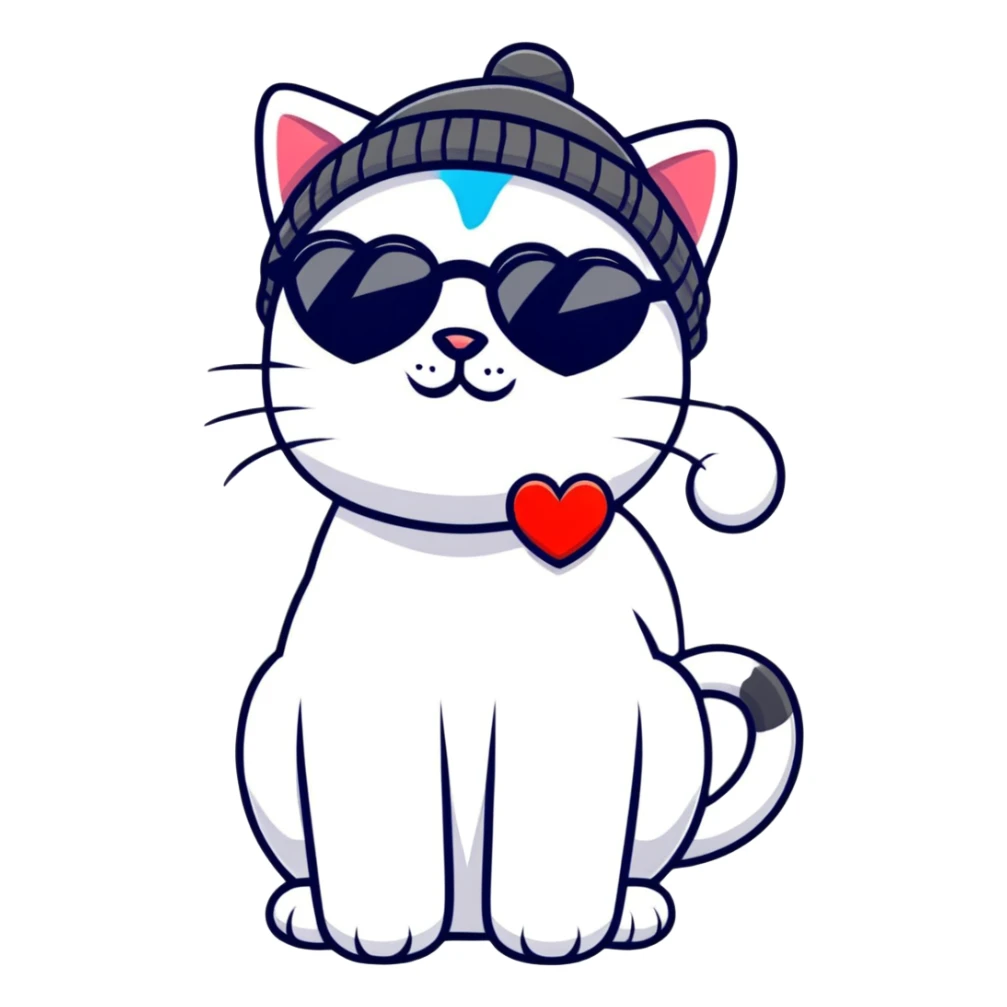 cat wearing a beanie and heart-shaped sunglasses sticker