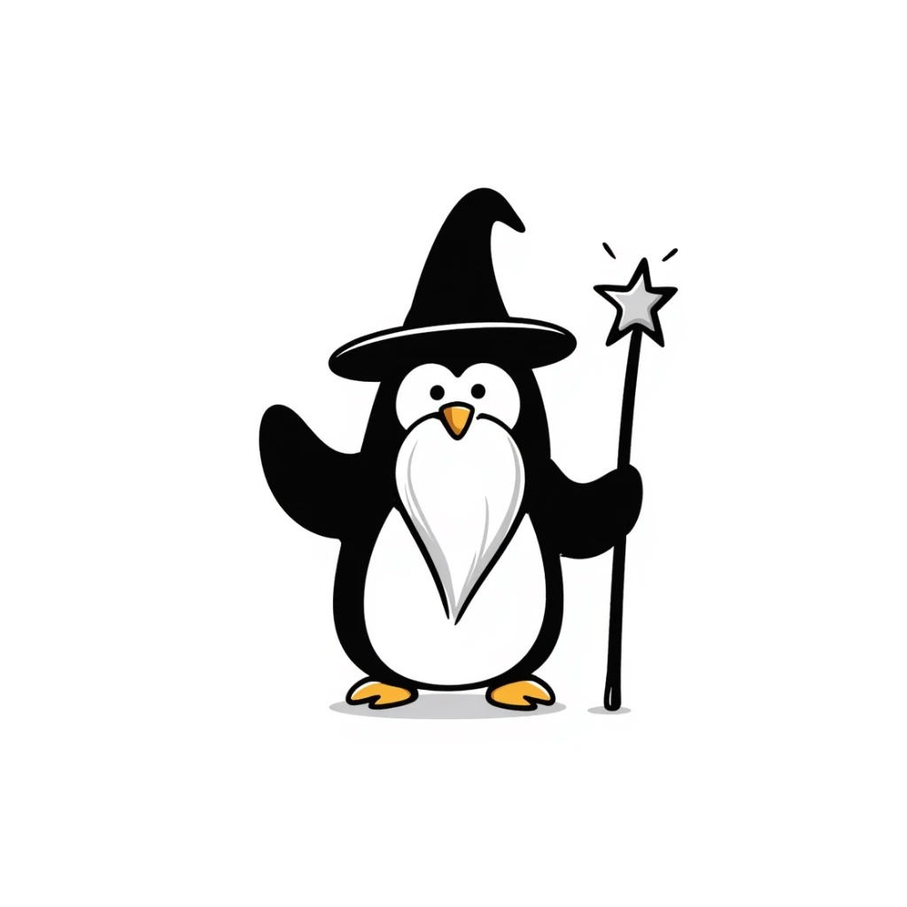 A penguin wizard with a long white beard, tall wizard hat, and magic staff sticker