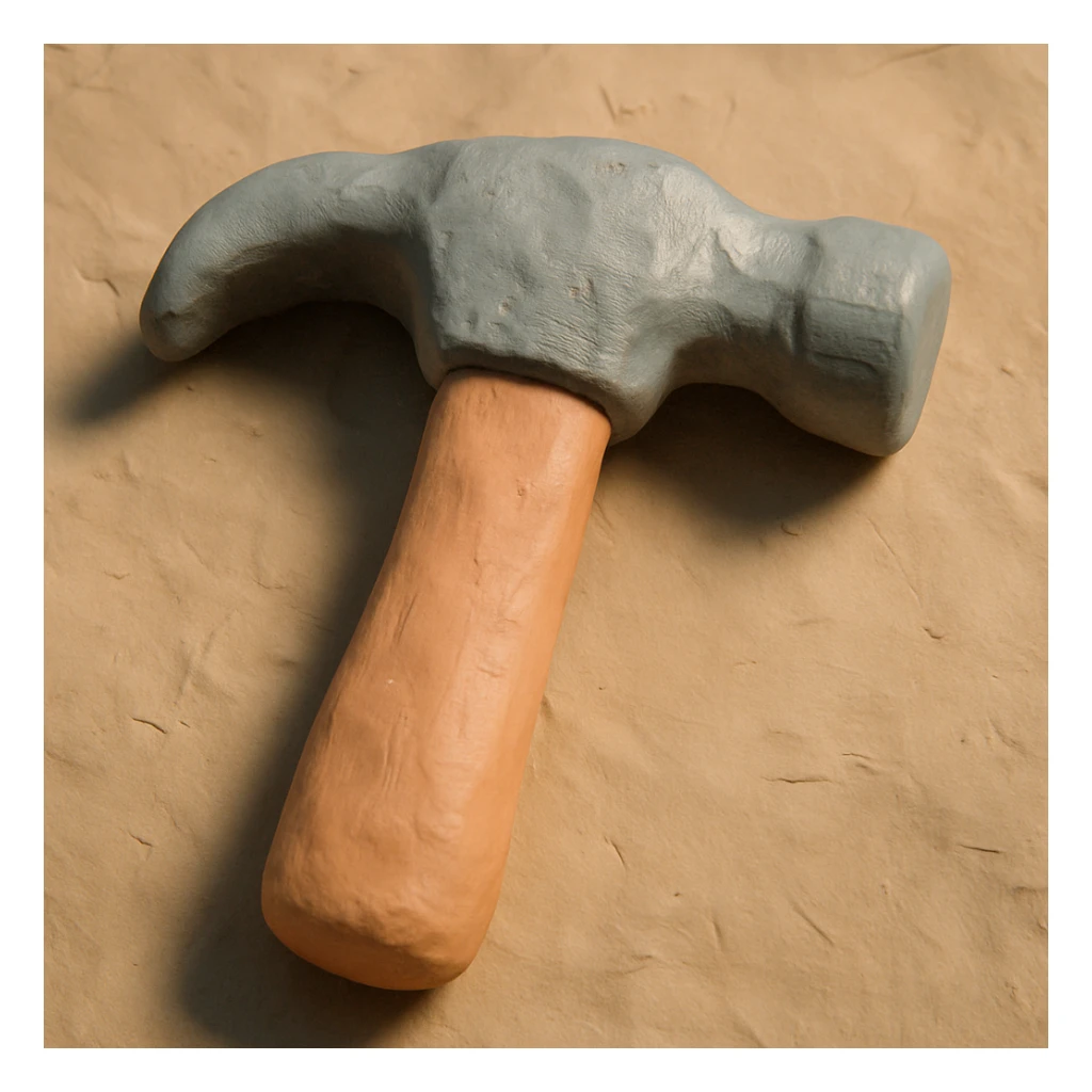 A claymation hammer with a wooden handle and a metallic head, matte texture with visible fingerprints, pastel colors sticker