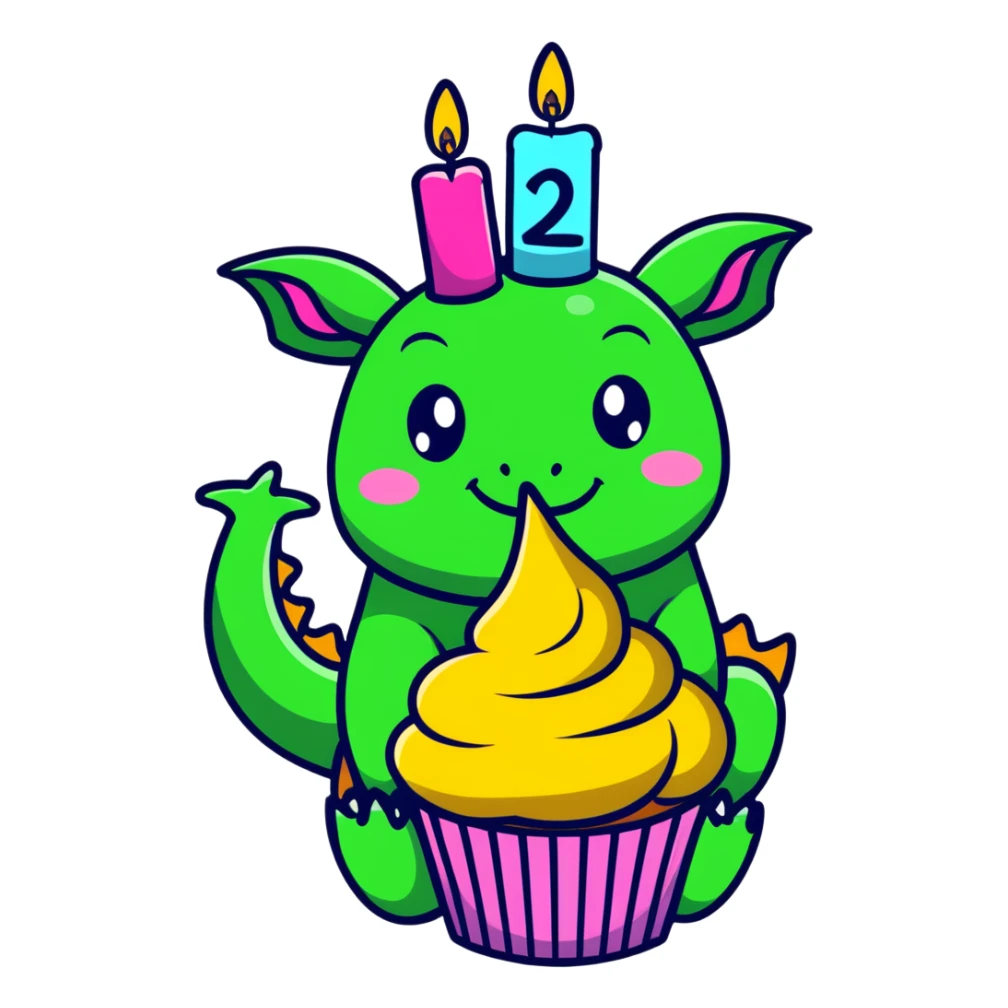 dragon with 1 line smiley eyes, blowing out candles on a cloud cupcake, in a 'making a wish' pose sticker