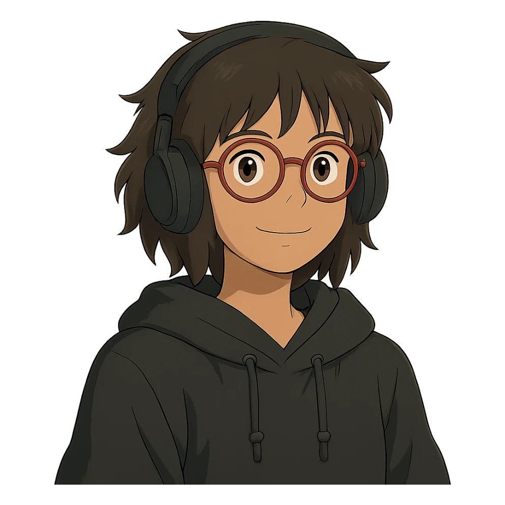 ghibli style tan brunette girl with a short wolf haircut, round ruby glasses, black headphones, and a black hoodie sticker