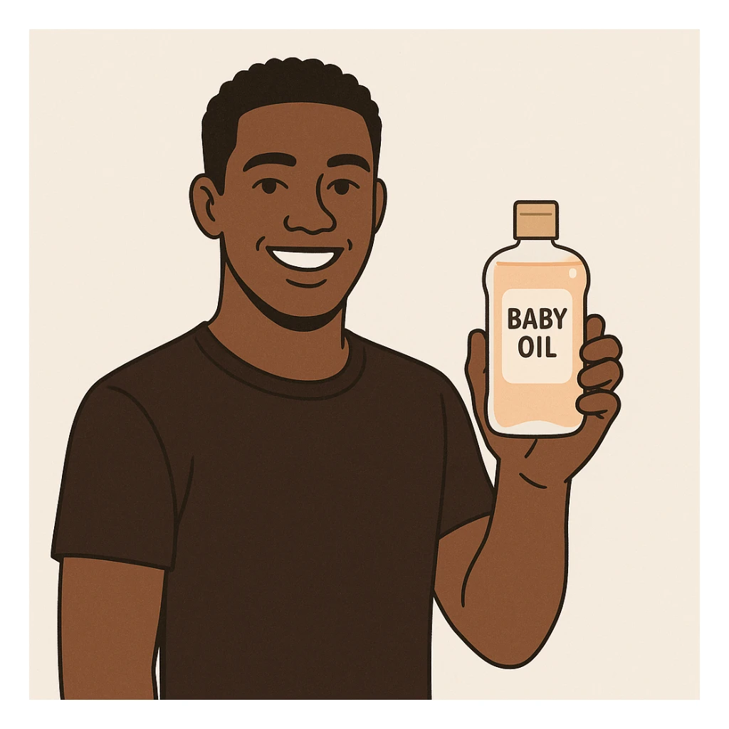 A Black man smiling and holding baby oil, minimal background, modern style sticker