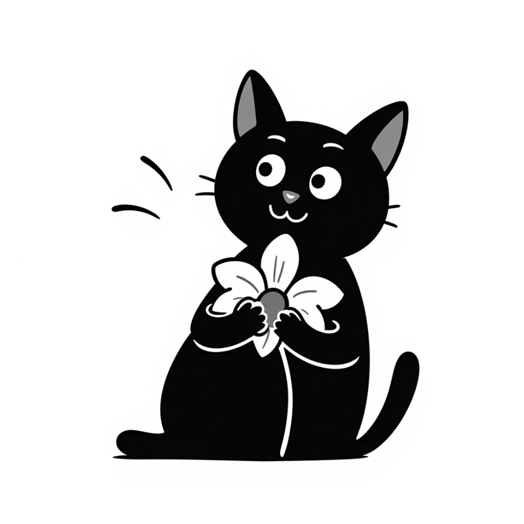cat holding an orchid, hand drawn doodle style sticker