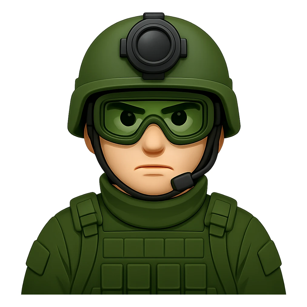 Make the white-skinned male soldier look even cooler and more intimidating, wearing stylish green gear, a distinctive modern helmet, and night vision goggles. Render in emoji style with no background (transparent). sticker