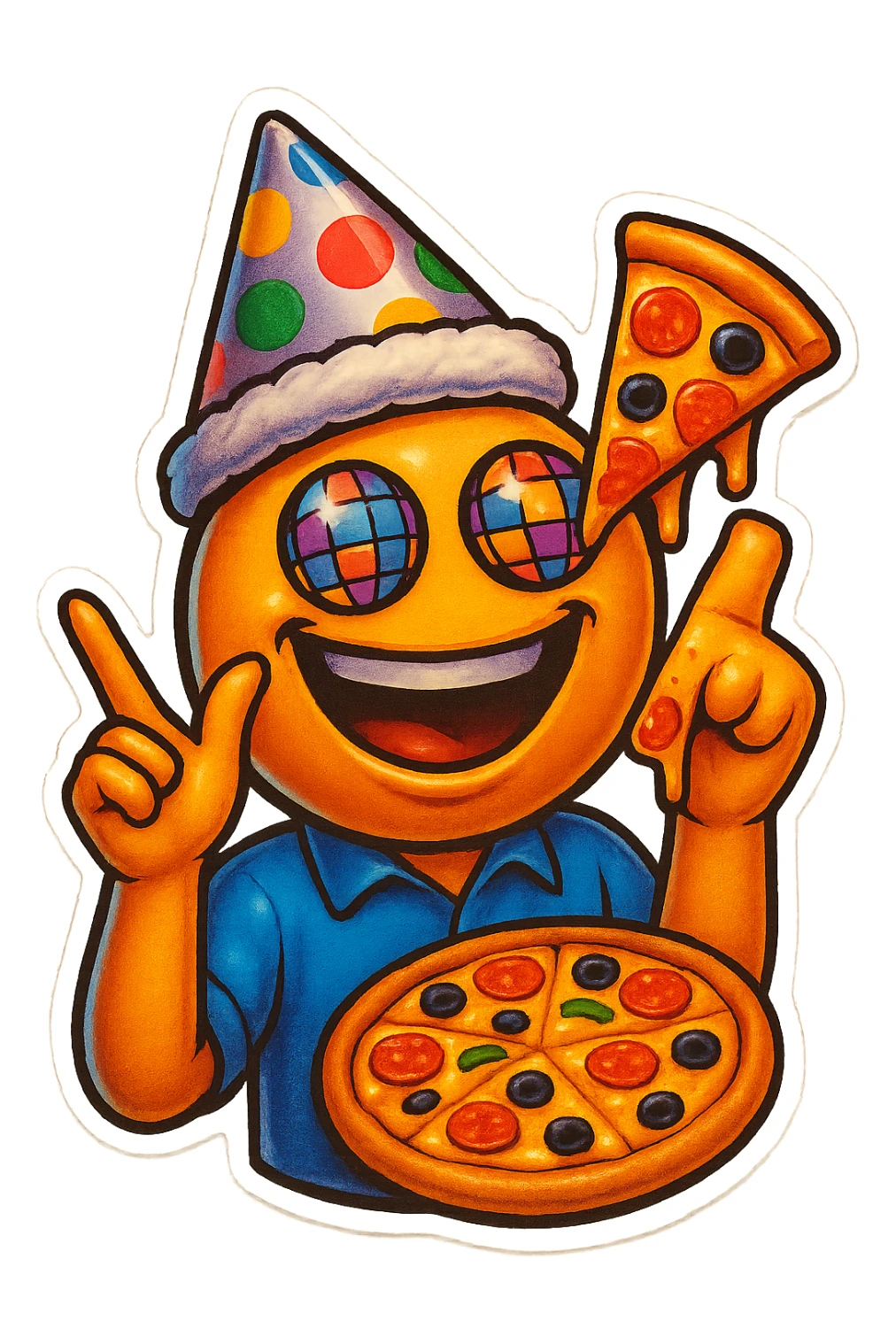 Make the left hand clearly form a finger gun gesture, while keeping the rest of the emoji the same: laughing face with disco ball eyes, tilted party hat, and holding pizza in the other hand, with no background. sticker