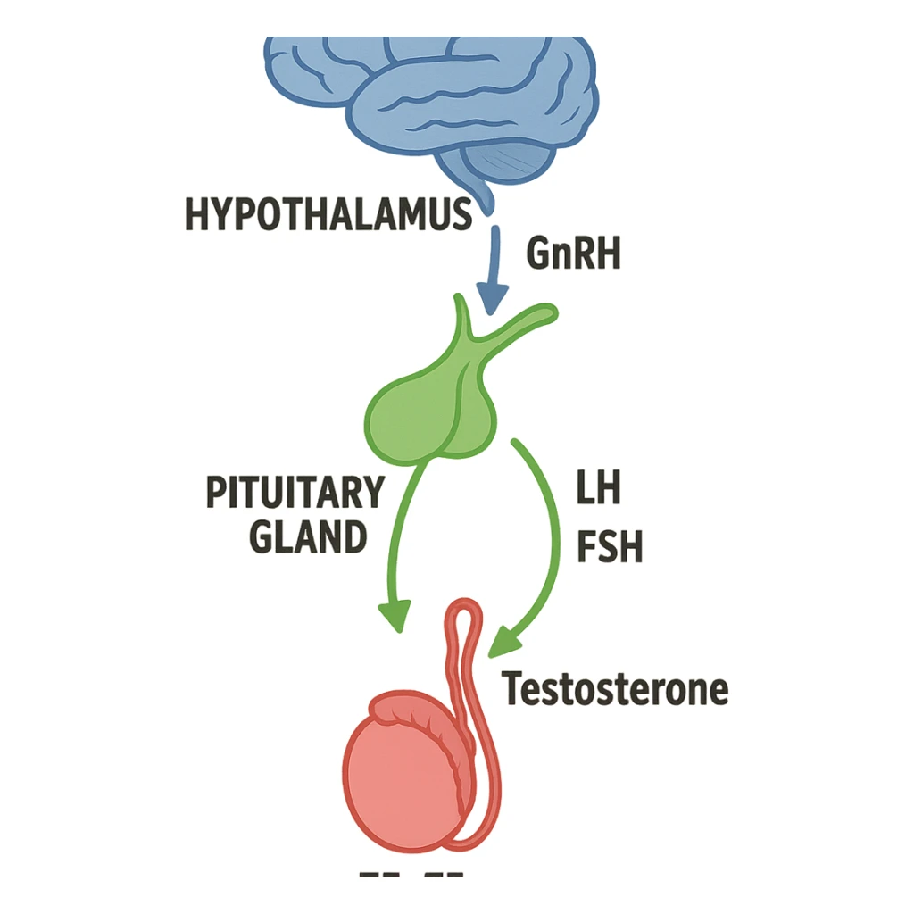 clear and realistic infographic of the HPT axis (hypothalamus-pituitary-testes): showing hypothalamus, pituitary gland, and testes connected by arrows, including hormone names (GnRH, LH, FSH, testosterone), simple diagram, distinct colors for each part, isolated on white background sticker