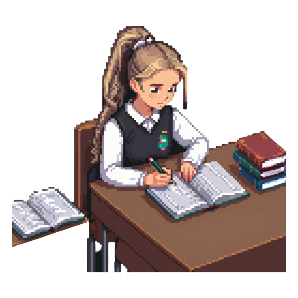 Girl with ponytail working on exam at desk with textbooks sticker