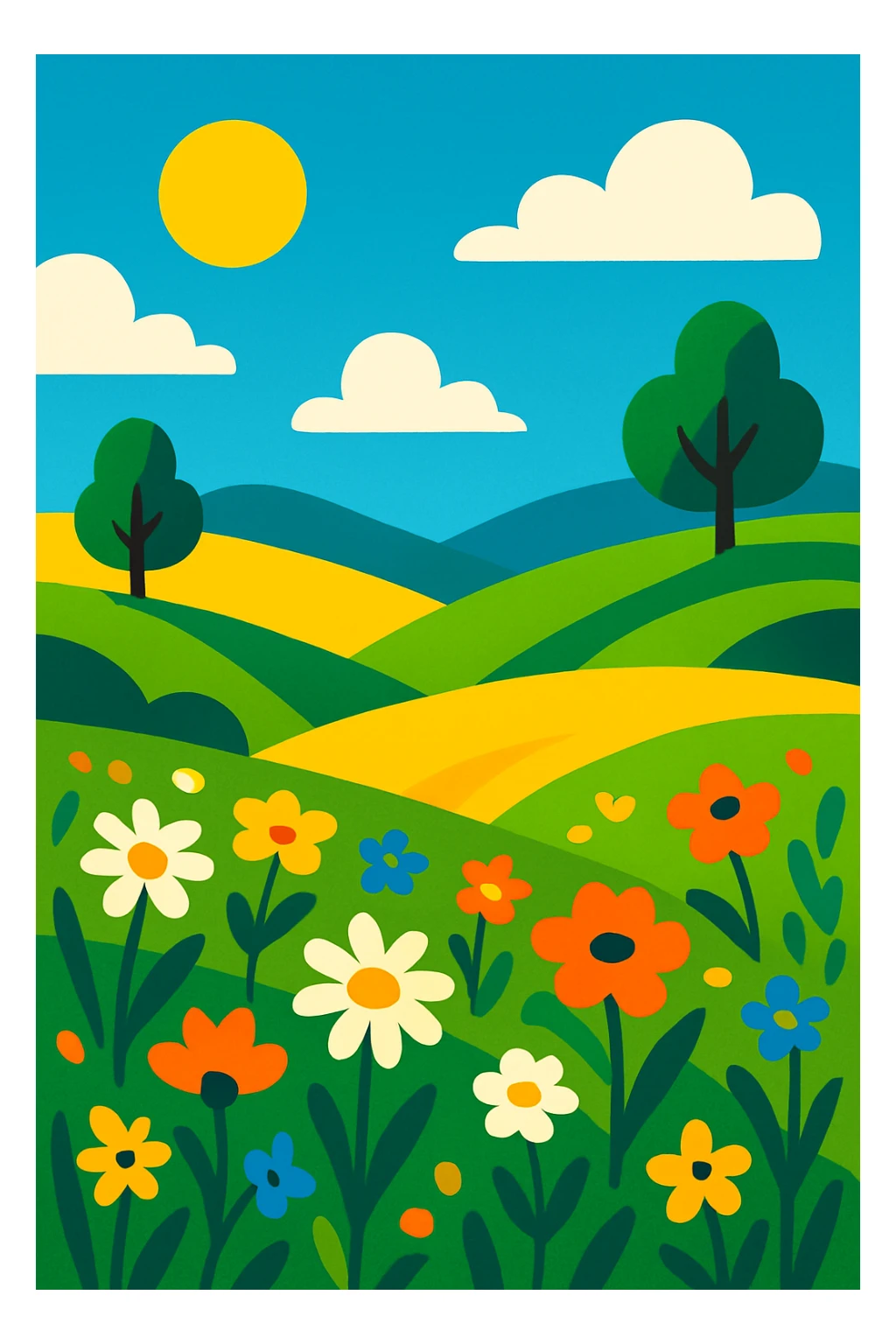 Summer landscape with rolling hills, wildflowers, and a clear blue sky, vibrant and colorful sticker