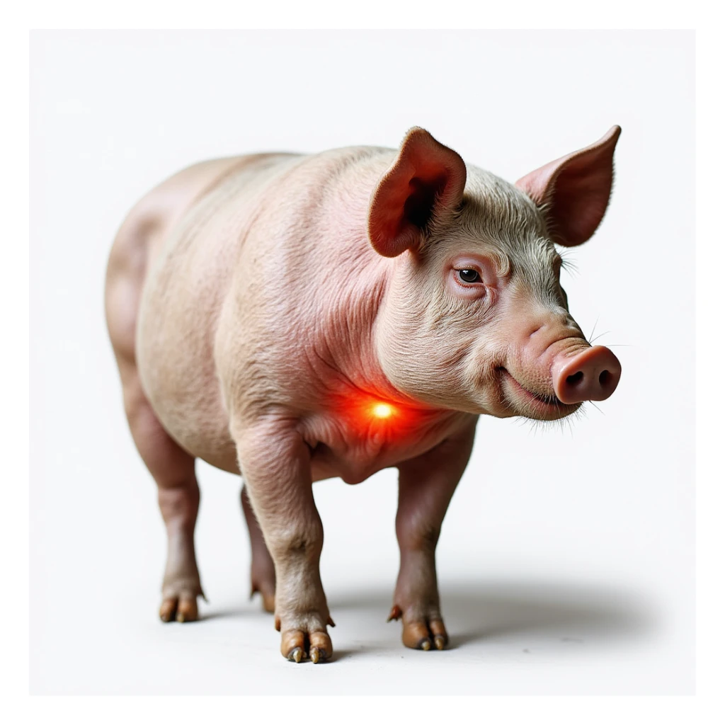 Realistic pig on isolated white background, thyroid area on neck highlighted in red, clear anatomical details, hyperrealism, 4K quality, three-quarter view sticker