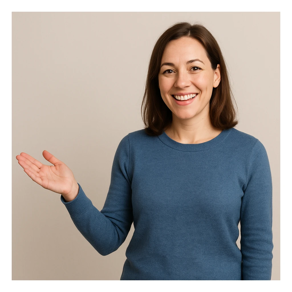 woman gesturing 'welcome' with one hand extended, inviting smile, simple background sticker
