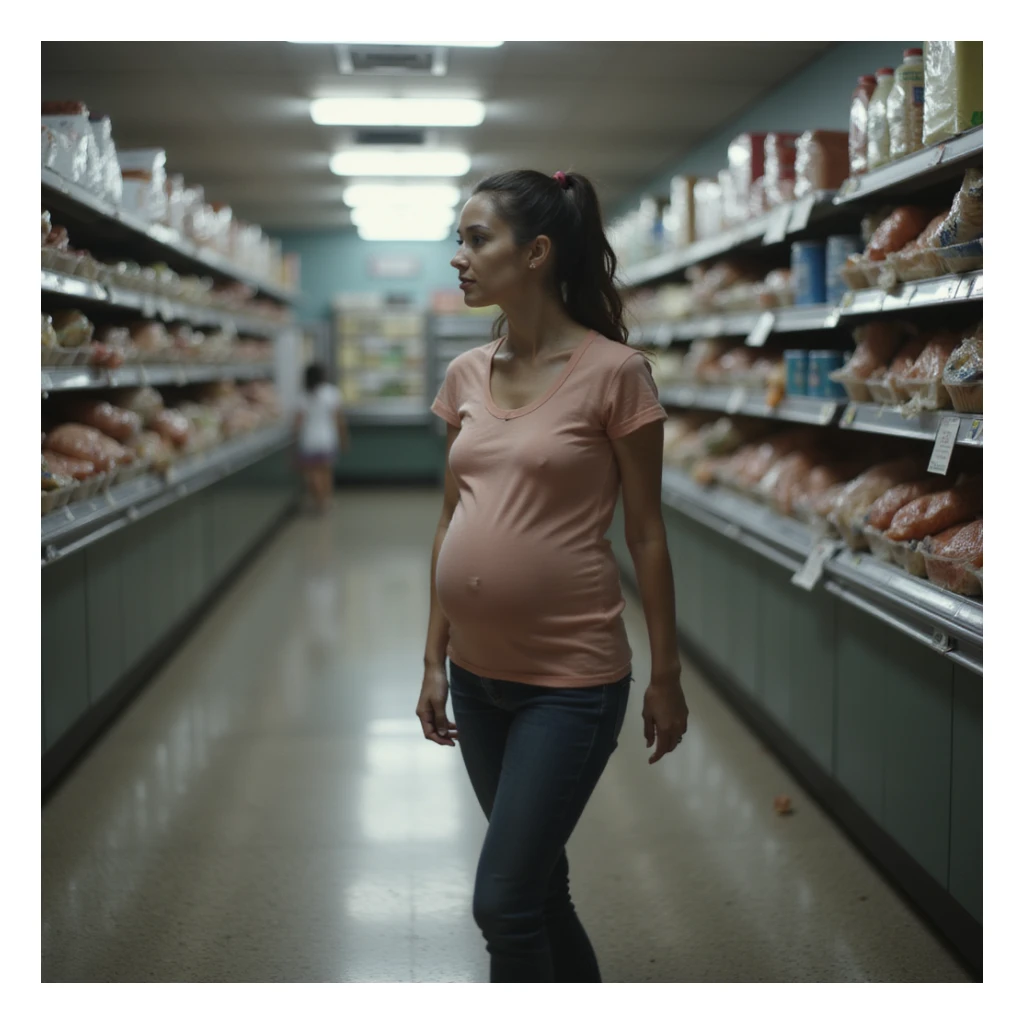 realistic pregnant woman in 4K walking away from salmon counter after reading information about parasites sticker