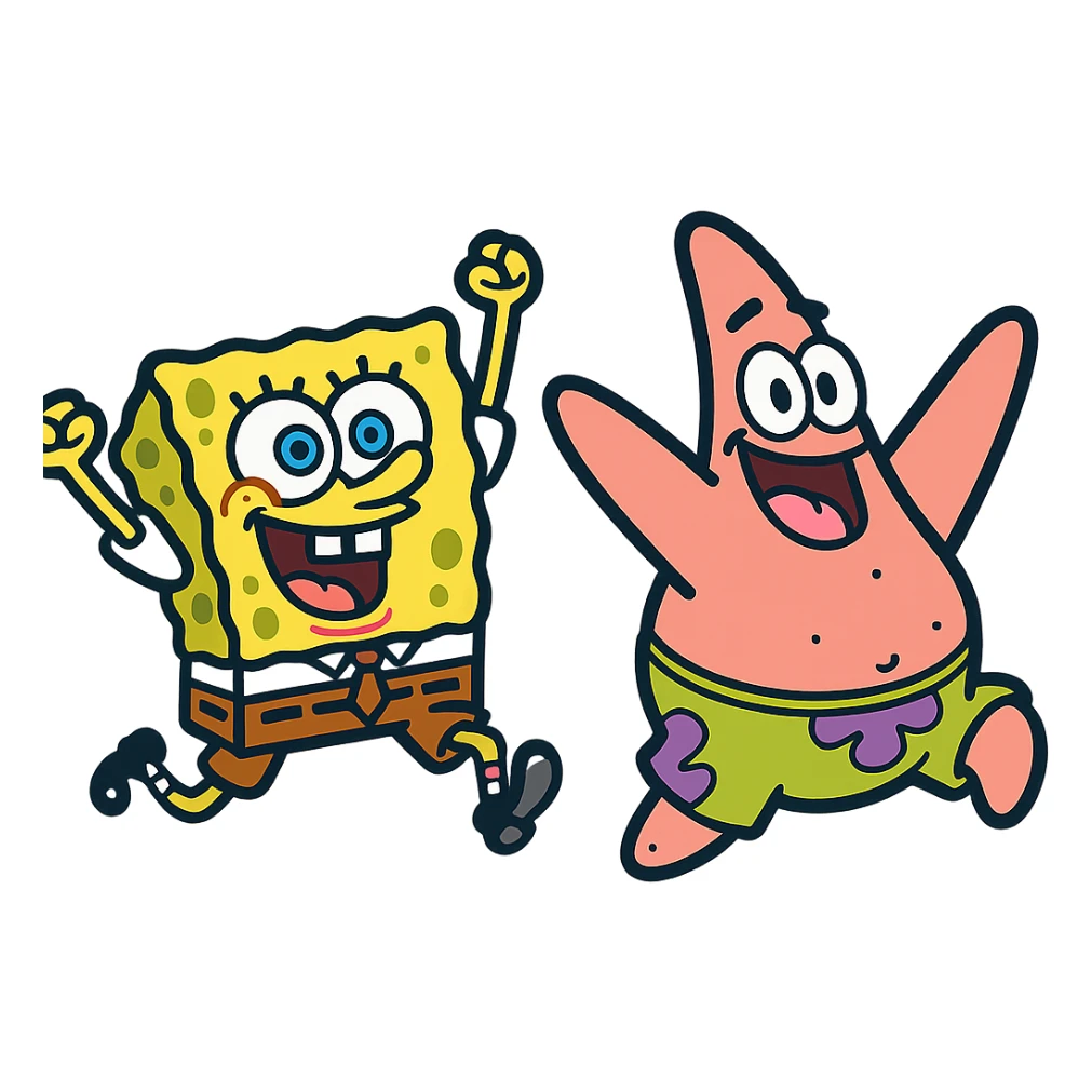 Spongebob and Patrick as lively, energetic color outline icons, expressive poses, dynamic movement, inspired by their movie appearances, black outlines with flat color fill, no text sticker