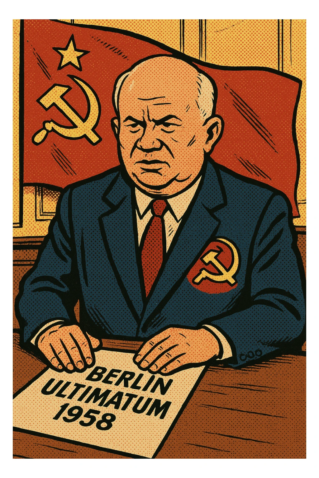 Soviet leader Khrushchev wearing a suit with a large communist party badge on his chest sitting in an office with a piece of paper in front of him with the words 'Berlin Ultimatum 1958' written on it. In the background is a communist flag sticker