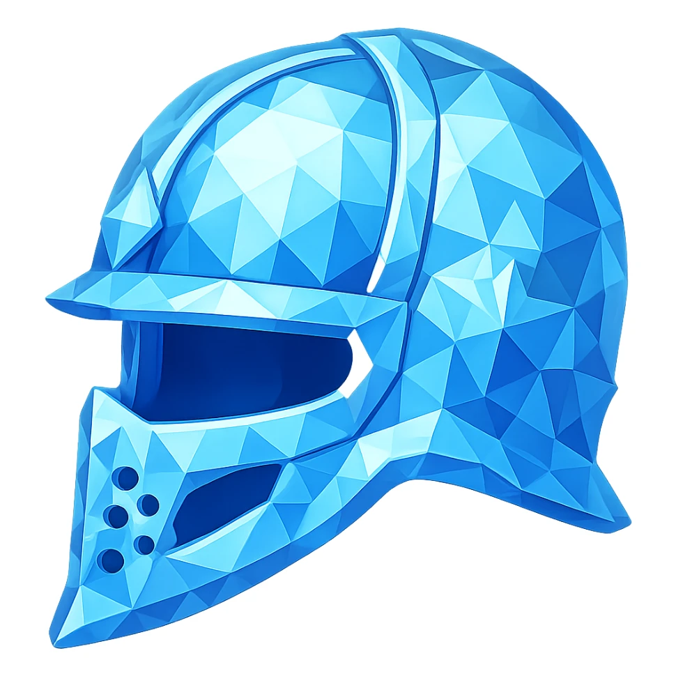 Create a diamond helmet in emoji style, blue crystalline and faceted, matching the shape and style of the original steel helmet. The helmet should have highly detailed facets and shine, with no gold or silver. Transparent background. sticker