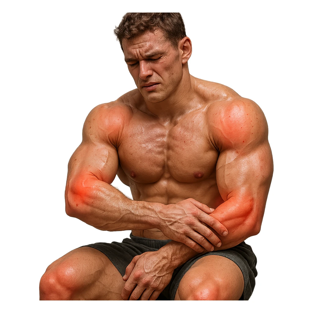 young bodybuilder with chronic joint pain from collagen deficiency, hyper realistic style, well visible muscles, highlighted joints, pained expression, text 'Articolazioni a rischio', neutral atmosphere sticker