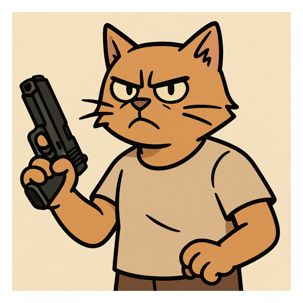 a tough-looking cat with a gun, cartoon style, flat toon sticker