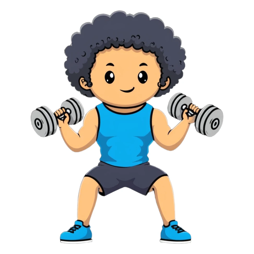 curly haired boy at gym with dumbbells sticker