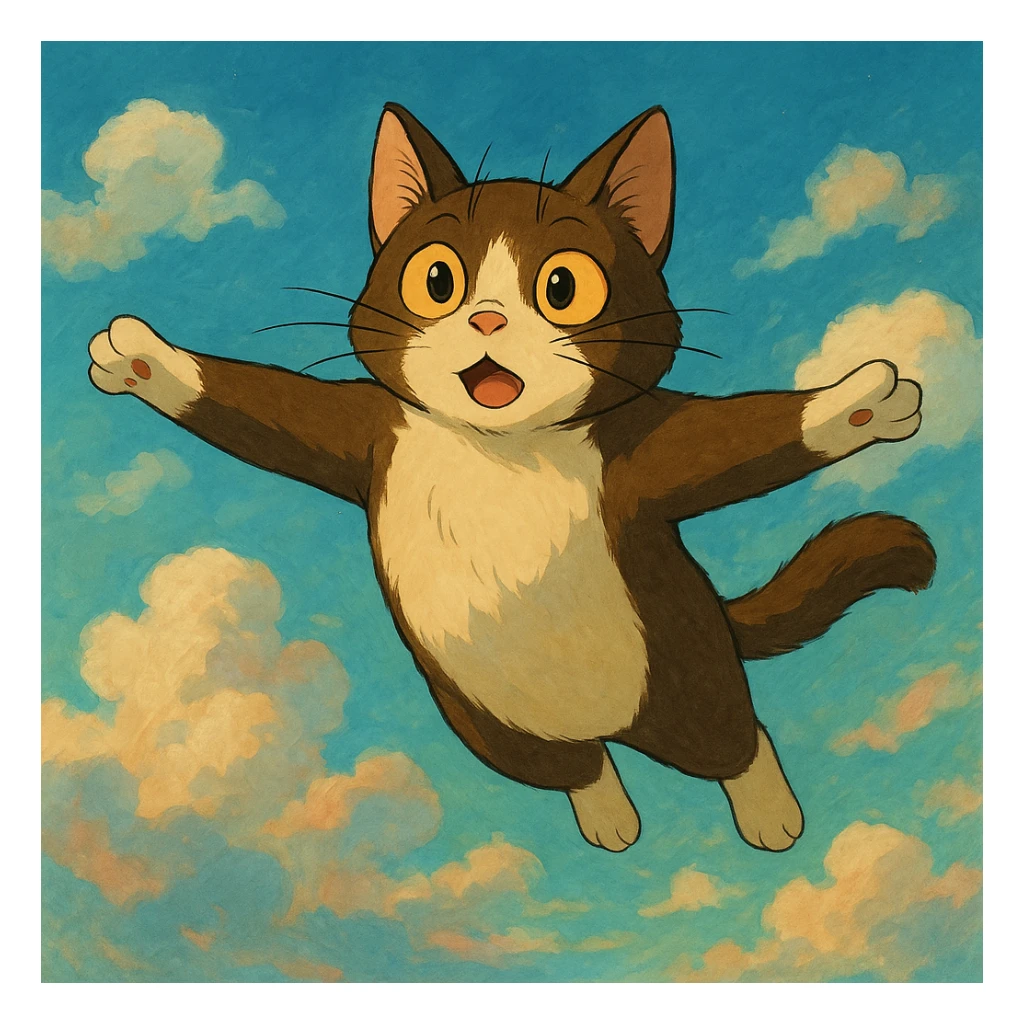 flying cat with expressive eyes in a dreamy sky background in ghibli style sticker