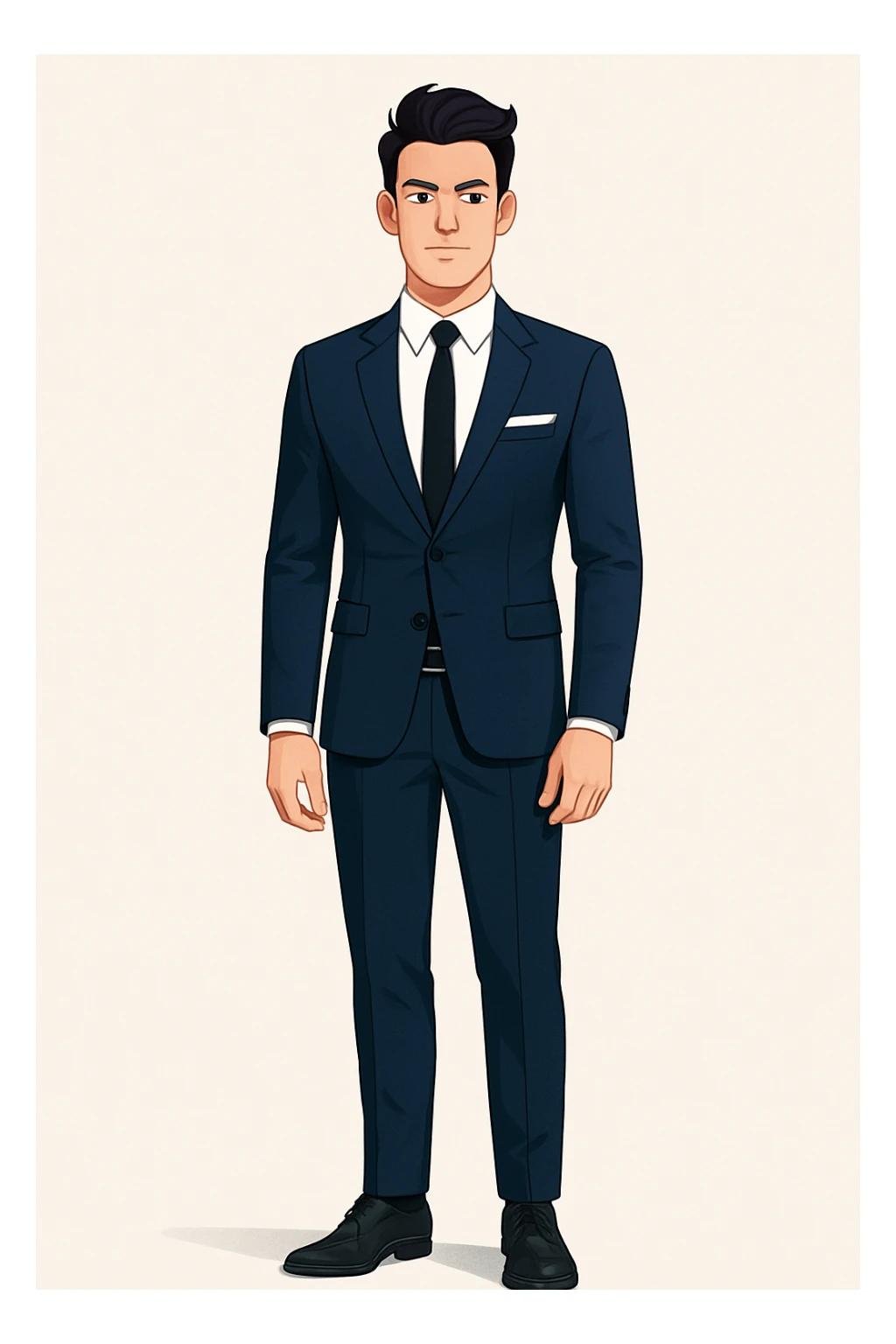 Full-body modern business illustration: young man with elegant hairstyle, confident look, fitted navy blue suit, white shirt, black tie, pocket square. Standing straight, arms naturally at sides. Clean background, sharp lines, consistent lighting, same character identity and style as reference. sticker
