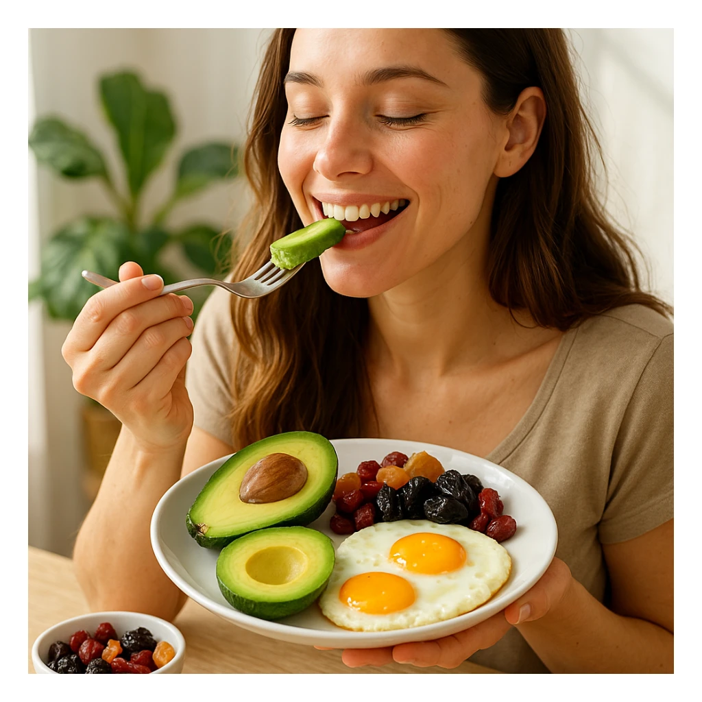 donna che usa come cibo avocado uova e frutta secca sticker