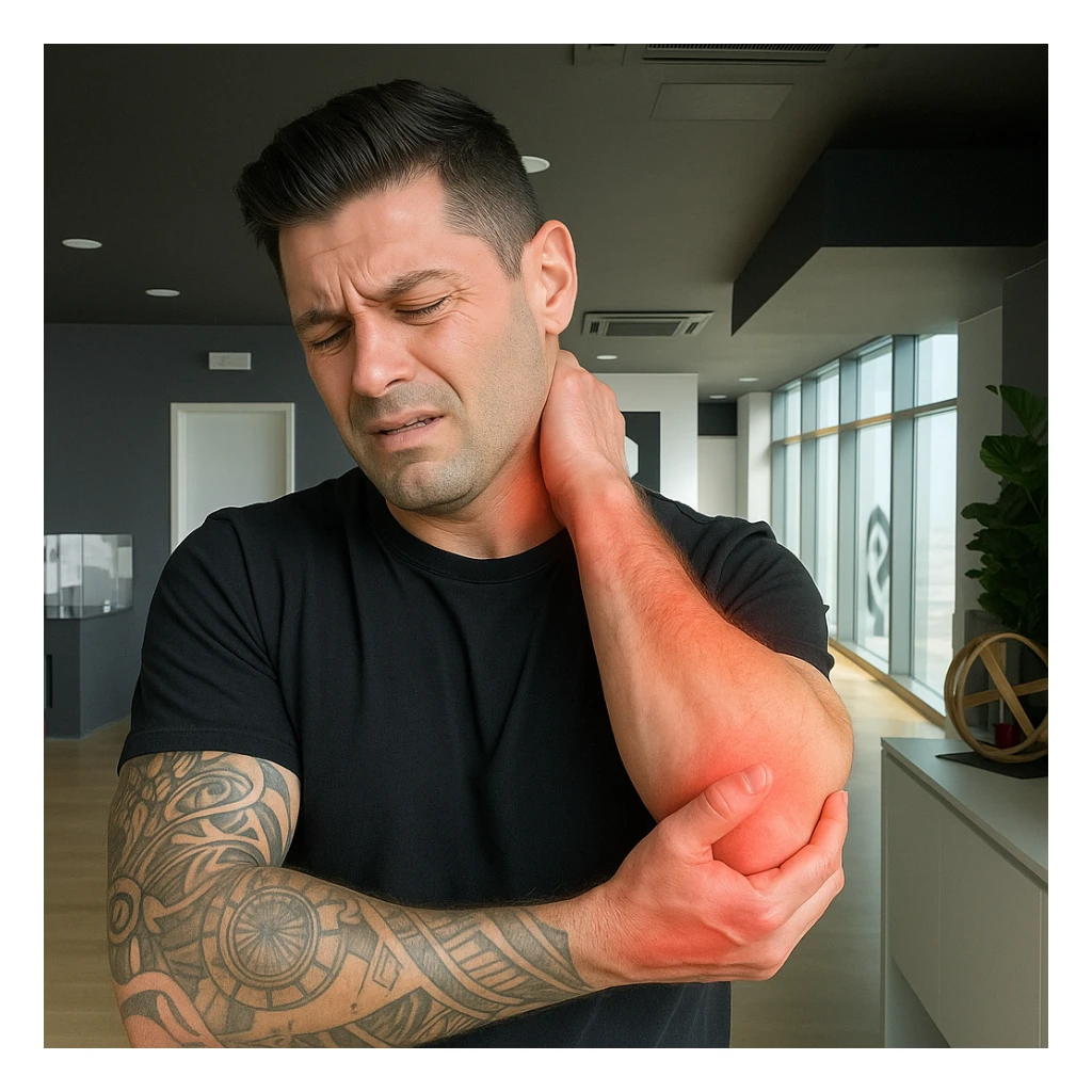 Create a realistic man inspired by the provided photo, with a suffering expression and visible signs of joint and cervical pain. Highlight the joints and cervical area with slight redness or inflammation marks. The style should be realistic with a clear and informative atmosphere. sticker