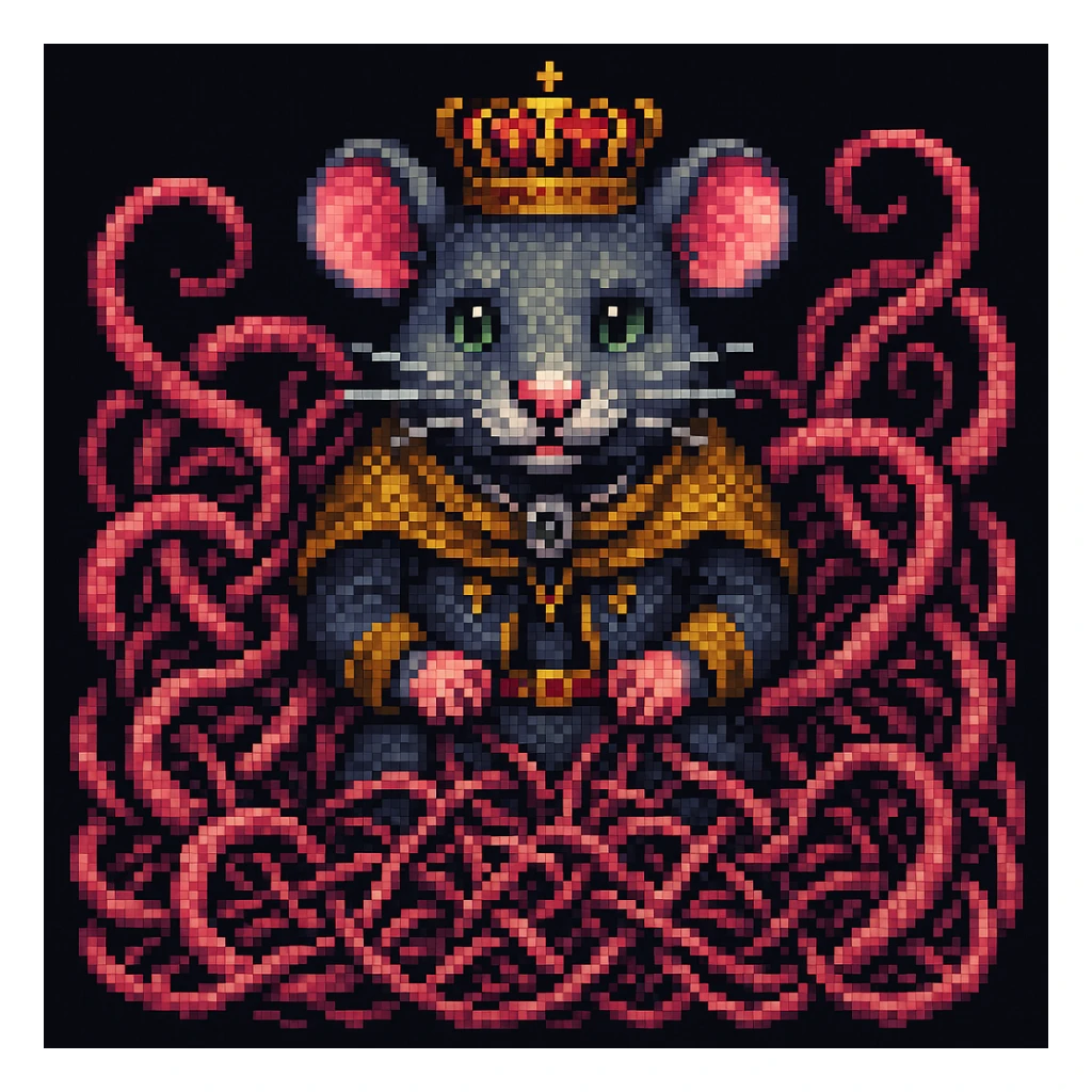 Enhance the image to show more tangled tails among the rats in a pixel art style. Emphasize the pixel art aesthetic with clear, blocky pixels and vibrant colors typical of pixel art. Increase the complexity and visibility of the tails to appear more intertwined and tangled, while maintaining the pixel art style. sticker