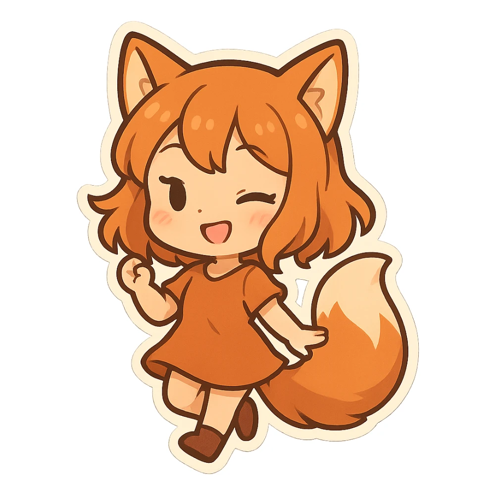 fox girl with orange hair and fluffy tail, playful expression, chibi stickers style sticker