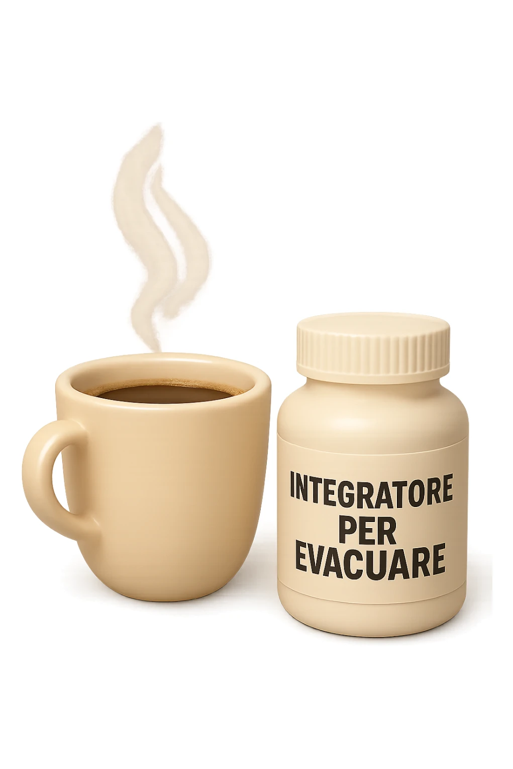 EMOJI STILE IPHONE 3D DI un caffè e di una boccetta di integratore con la scritta "INTEGRATORE PER EVACUARE" SULL'ETICHETTA, iperrealistico 4k sticker
