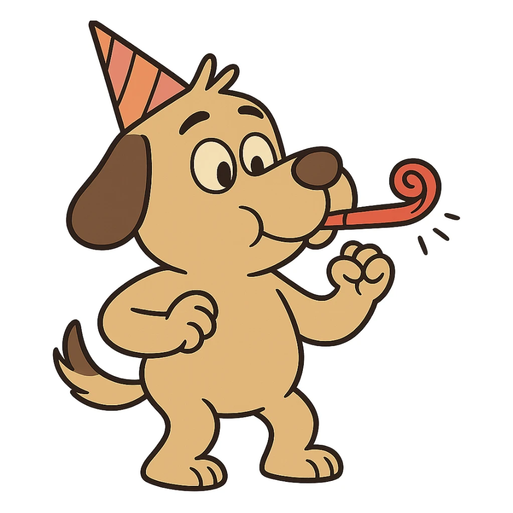 a dog with a party hat blowing a noisemaker, cartoon style sticker