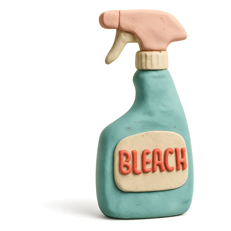 bleach spray bottle in claymation style with pastel colors, visible fingerprints, soft matte finish sticker